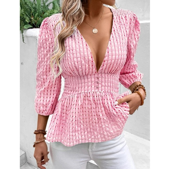 Pink Peplum Plunging Blouse - Picture 3 of 6